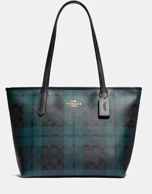 NWT Coach ZIP TOP TOTE IN SIGNATURE CANVAS WITH PLAID PRINT Black/Deep Ocean • $238