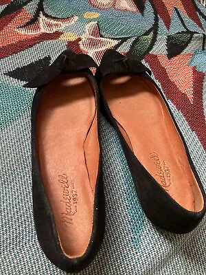 Madewell Ballet Flats Womens 6.5 True Black Suede Bow Detail Pointed Toe Skimmer • $14.99