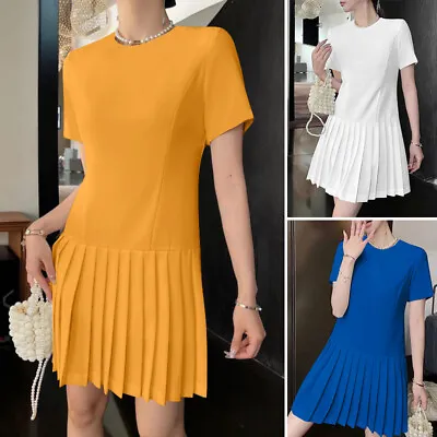 Women Summer Short Sleeve Casual Loose Pleated Swing Mini Dress Party Sundress • $25.64