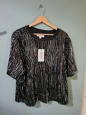 BNWT Marks And Spencer Autograph Size 22 Black Sequin Short Sleeve Blouse (12469 • £35