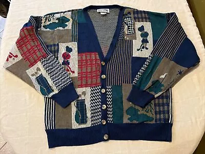 Vintage Club Newport All Over Print Irish Golf Cardigan Sweater 100% Cotton USA • $39.95