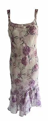 Libra White & Lilac Flower Print Georgette Bias Cut Occasion Dress Size UK 10 • £10