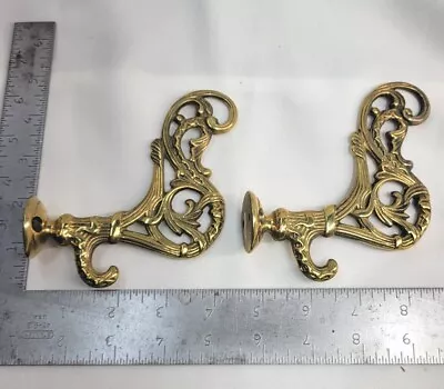2 Solid Brass Vintage Double Coat Hat Hooks Antique Style Ornate Heavy  • $36