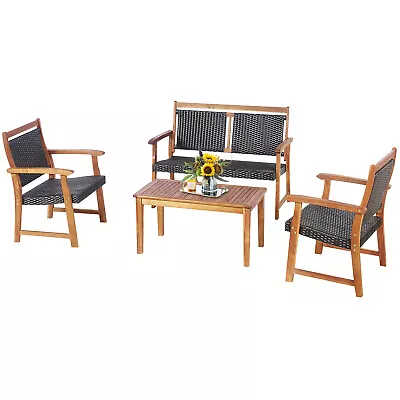 Patiojoy 4 PCS Patio Rattan Furniture Set Acacia Wood Frame Sofa Loveseat • $259.99