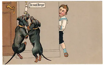 Naughty Boy Ties Bone To Doorbell~Dachshund Dogs ~Vintage Comic Postcard • $15