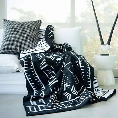 Aranda African Mud Cloth Blanket Black White Cotton Suede 79”x90” Reversible • $189.99