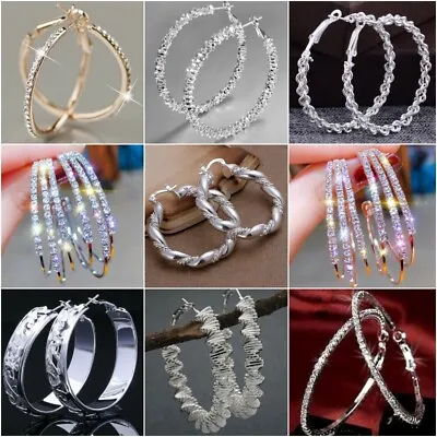 $2.19 • Buy 925 Silver Women Crystal Rhinestone Large Hoop Dangle Earrings Wedding Jewellery