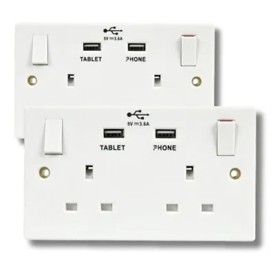 Double/ 2 Gang Wall Socket 13A With 2 USB Charger Ports Plug Switched Socket • £11.49