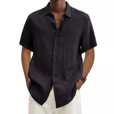 Mens Cotton Linen Short Sleeve Dress Shirt Button-down Loose Solid Blouse Tops • $20.80