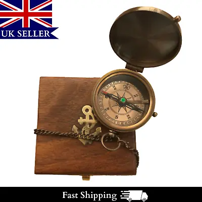 Antique Nautical Brass Engraved Pocket Compass With Free Anchor Wooden Box • £15