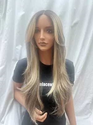 Synthetic Lace Front Wig Brown Blonde Highlights Curtain Bangs Fringe R-ASHLEY • £49.99