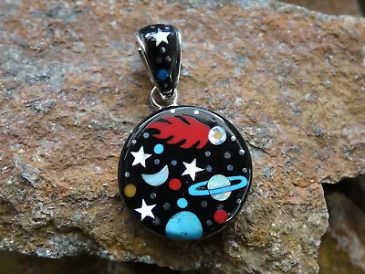 Galaxy Night Stars Planets Inlay Gemstone Fire Opal Sterling Silver Pendant P17 • $89.95