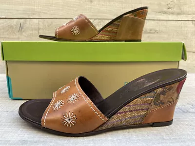 Womens LEA FOSCATI Italian Brown Full Leather Floral Weave Mules Sandals Size 5 • £18.99