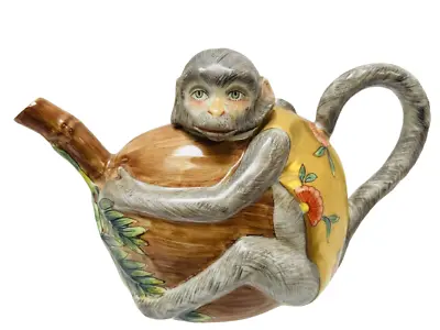 Porcelaine De Paris Monkey Teapot C. 20th Century Polychrome Gilt Majolica Capo • $260.38