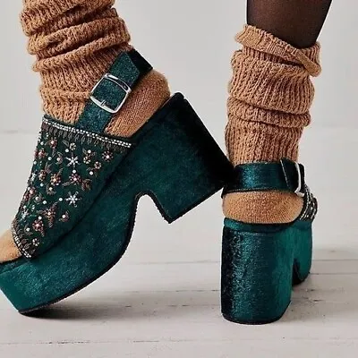 Free People Nicola Wedges Heel Sandals Velvet Beaded Chunky Green 39 US 8.5 • $134.99