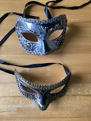 2 Black Glitter Masquerade Masks Party Balls Fancy Dress Masks Halloween • £1.99