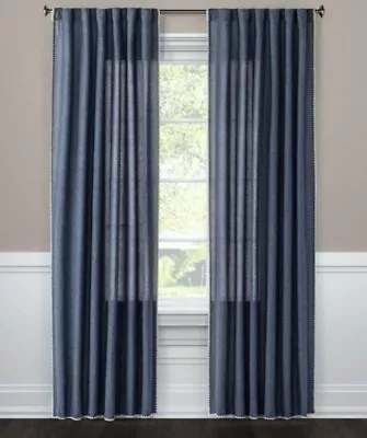 Pk Of Two Metallic Navy Blue Stitched Edge Light Filter Curtain Panel 84 X 54 In • $29.95