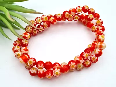 1 Strand 38cm Colorful Red Millefiori Flowers Glass Beads Lampwork Round Ball 6mm • £3.36