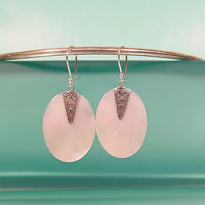 1 1/4  Oval Mother Of Pearl Shell 925 Bali Sterling Silver Handmade Drop Earring • $16.99