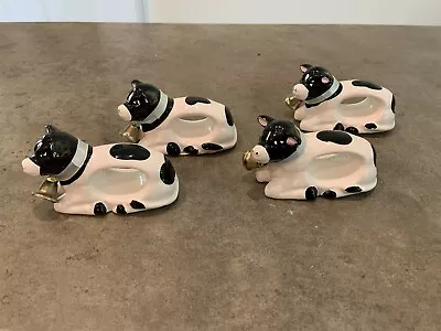 Vtg Cow Ceramic Napkin Rings Holders Black And White Dairy Farm Country Set Of 4 • £13.40