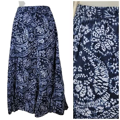 Villager Tie-Dye Floral Flare Midi Skirt Size 12 Medium Pull On Boho Blue Long • $25.99