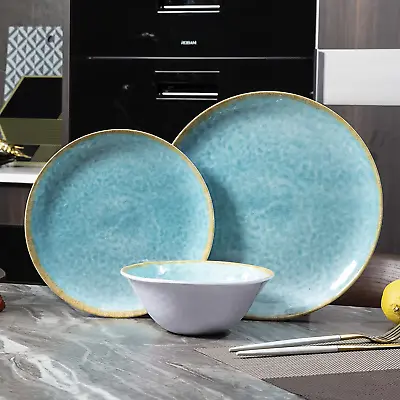 Melamine Dinnerware Sets 12Pcs Plates And Bowls Set Tableware For 4 RV Campin • £38.54