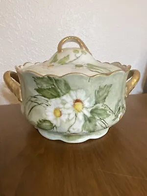 Vintage Hand Painted Floral Round Porcelain Casserole Covered Dish Signed • $49.95