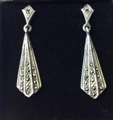 Art Deco 1920s Geometric Long Dangle Marcasite Earrings Sterling Silver  • $43.52