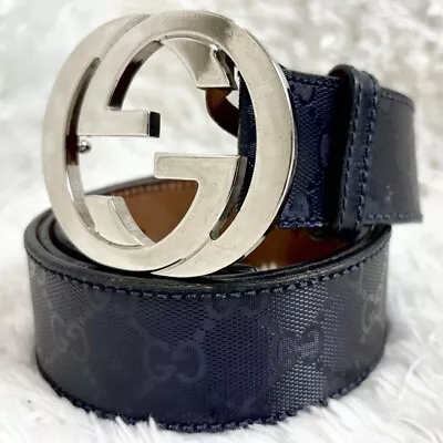 Auth GUCCI Interlocking GG Leather Belt Size 90/36 Navy Blue Silver 114984 Men • $50