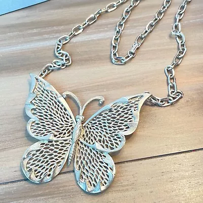 Vintage Silver-tone Metal Butterfly Large Pendant Necklace • $14.97