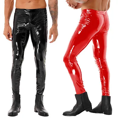 Men Wet Look Patent Leather Zipper Crotch Leggings Tight Pants Trousers Clubwear • £22.75