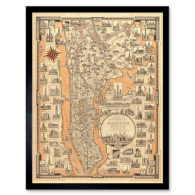 Chase 1939 Pictorial Map NY Manhattan Bronx Framed Wall Art Poster • £26.99