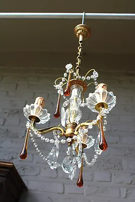 Vintage 1970 French Crystal Murano Glass Drops Clear Amber Chandelier Lamp • $595