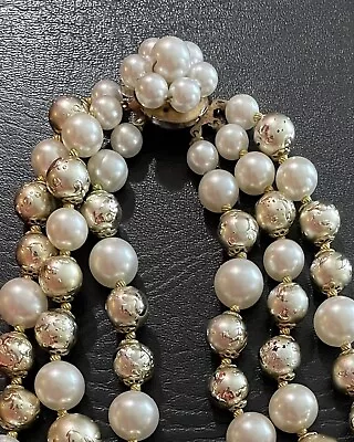 Vintage Faux Pearl And Gold Tone Bead 3 Strand Necklace • $8