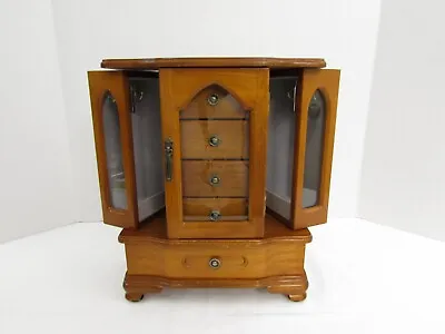 Vtg Wooden Jewelry Box Cabinet Chest Armoire Organizer Floral Glass Door • $52