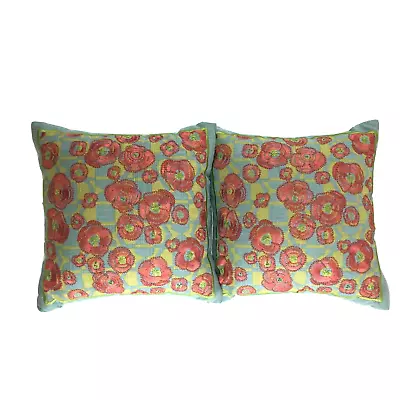 Set Of 2 Victoria Hagan Accents Decorative Poppyfield Square Blue Floral Pillows • $23.99