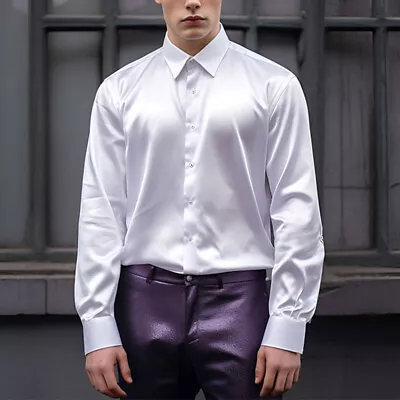 Mens Tops Satin Silk Shirt Men Luxury Dancing Solid Glossy Dress Wedding Casual • £18.84