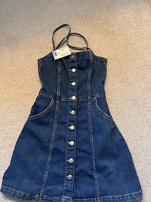 Divided HM Womens Denim Pinafore Dress Size 6 Square Neck Button • £7.99