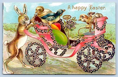 C1910 EASTER Postcard Fantasy RABBIT W/FLOWER WAGON/EGGS/CHICKS • $8