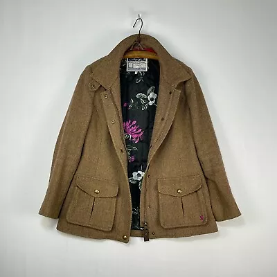 £75 • Buy Joules Tweed Fieldcoat Jacket Women 14 Brown Herringbone Wool Country Field Coat