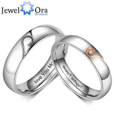 Personalized Couples Promise Half Heart Rings Set Stainless Steel Engraved Text • £9.59