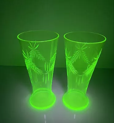 X2 Stunning Vintage Art Deco Uranium Green Etched Glasses Tall Tumbler Glasses • £26