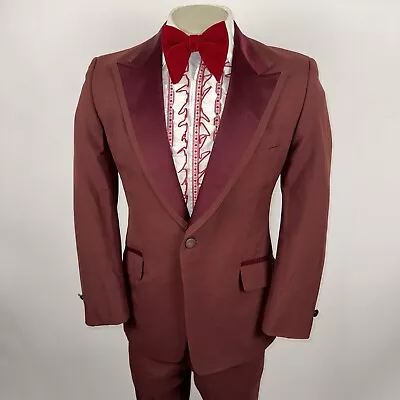 Vtg 60s 70s Tuxedo Suit Mens 41 Jacket 36 33 Pants Disco Retro Prom Mod Burgundy • $199.99