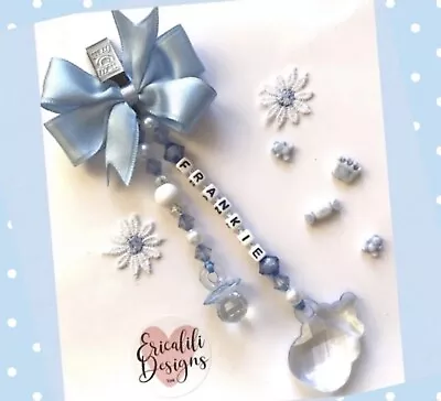 Personalised Pram Charm Clip Dummy Bottle Blue White Boy Girl Baby Shower Gift • £7.95