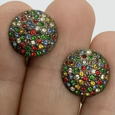 Vtg Art Deco Multicolor Pave Crystal Brass Button Round Stud Earrings Screw-on  • $16.95