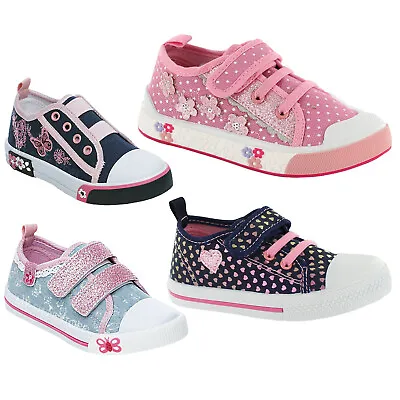 Girls Canvas  Pumps Childrens Trainers Summer Casual Flat Low Top Plimsolls Shoe • £11.99