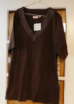 Quacker Factory Qvc Chcocolate Dark Brown Top V-neck Clear Beads At Neck 3x Nwt • $9.09