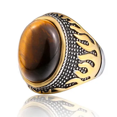 Men's Stainless Steel Gold Flame Tiger Eye Signet Ring (Size 7 - 13 US Seller) • $18.50