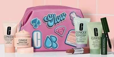 Clinique 7pc Travel Size Makeup Skincare Samples Gift Set Pink Bag New 2024 • $19.99