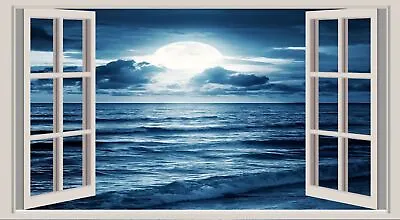 Moonlight Bay Coast Through Window View Seascape Canvas Print Wall Art Picture • £14.99